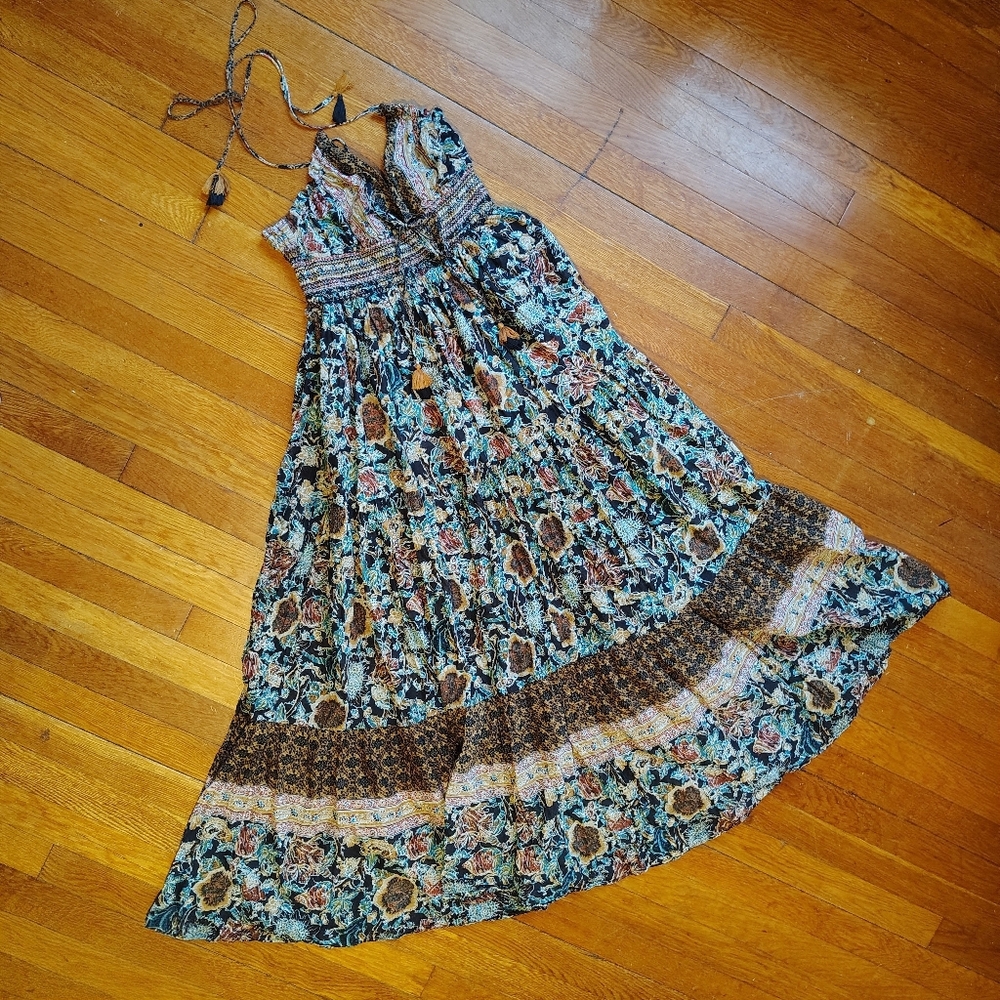Free People Real Love Strappy Boho Brown Floral Maxi Halter Dress Small Pockets - Picture 5 of 14